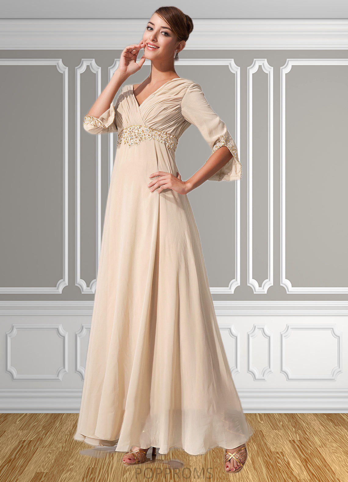 Gia Empire V-neck Floor-Length Chiffon Mother of the Bride Dress With Ruffle Beading PP6126P0014597