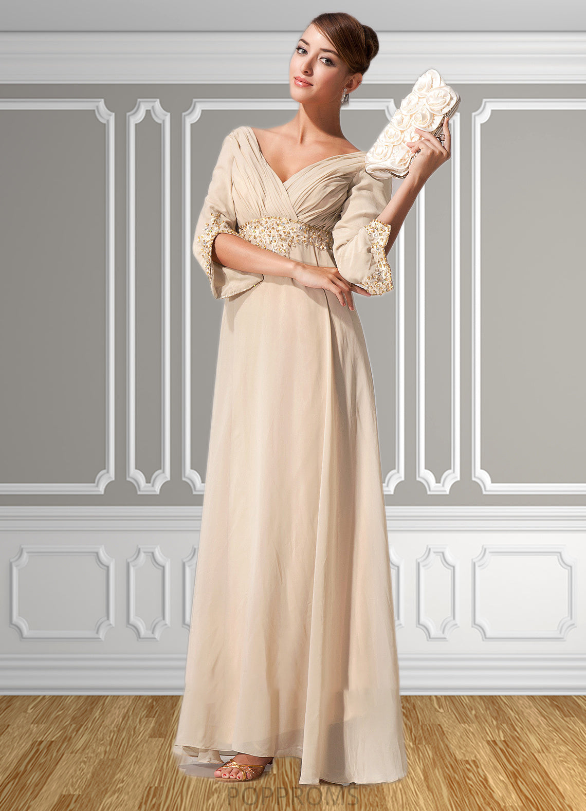 Gia Empire V-neck Floor-Length Chiffon Mother of the Bride Dress With Ruffle Beading PP6126P0014597