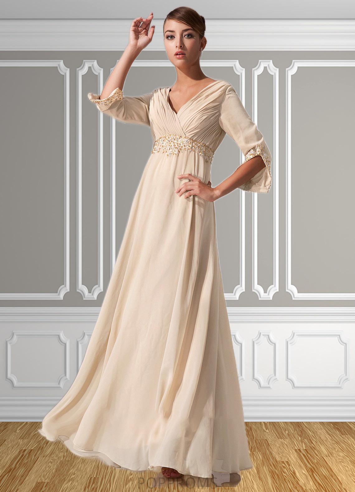 Gia Empire V-neck Floor-Length Chiffon Mother of the Bride Dress With Ruffle Beading PP6126P0014597