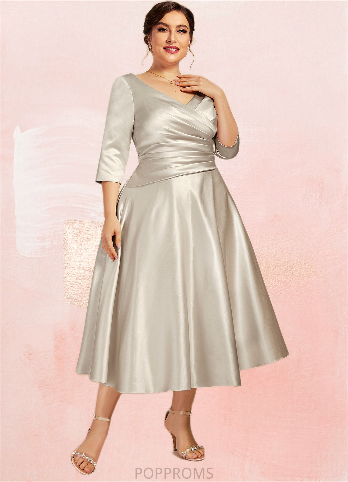 Zara A-Line V-neck Tea-Length Satin Mother of the Bride Dress With Ruffle PP6126P0014598