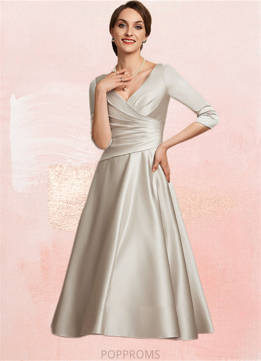 Zara A-Line V-neck Tea-Length Satin Mother of the Bride Dress With Ruffle PP6126P0014598