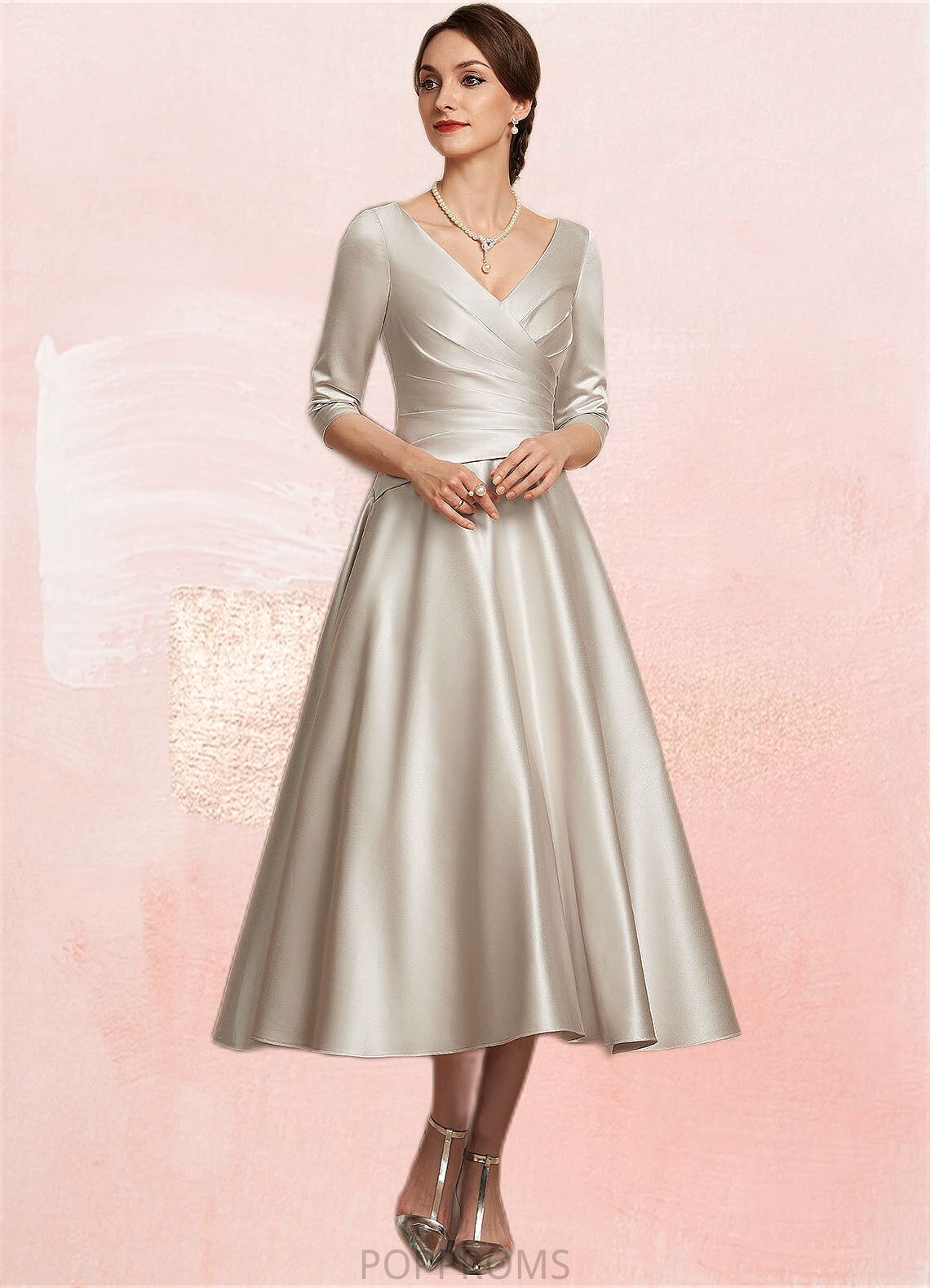 Zara A-Line V-neck Tea-Length Satin Mother of the Bride Dress With Ruffle PP6126P0014598