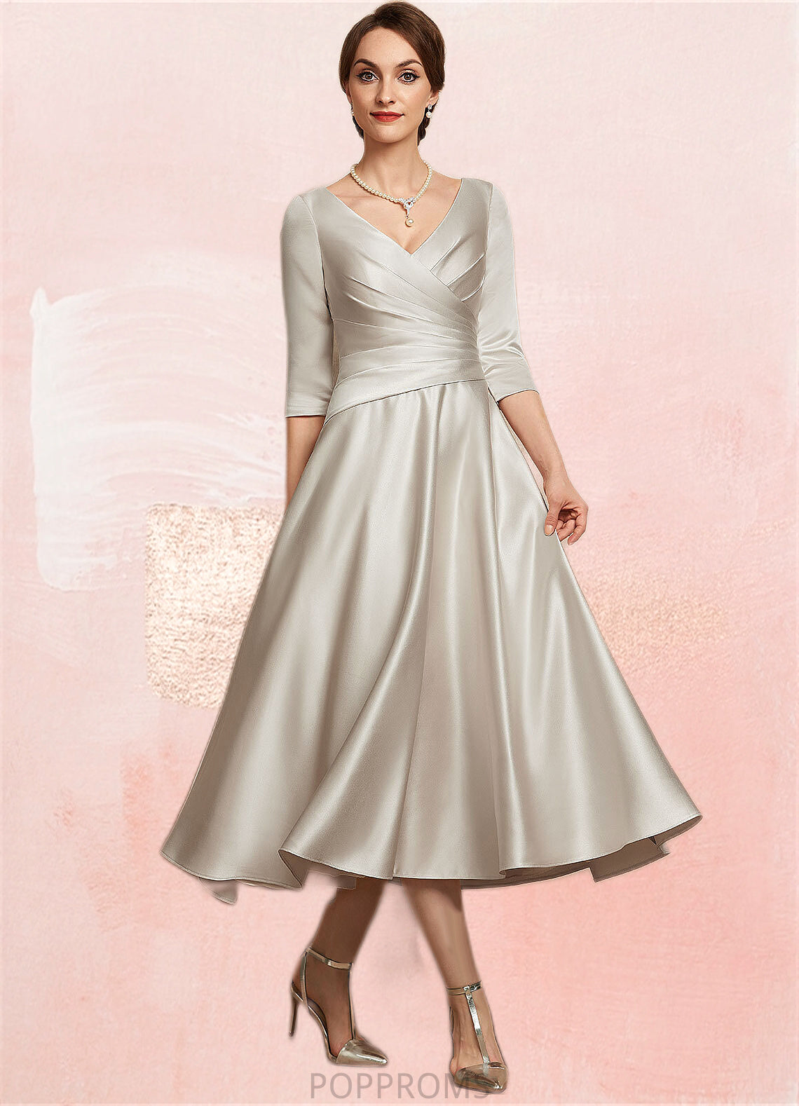 Zara A-Line V-neck Tea-Length Satin Mother of the Bride Dress With Ruffle PP6126P0014598