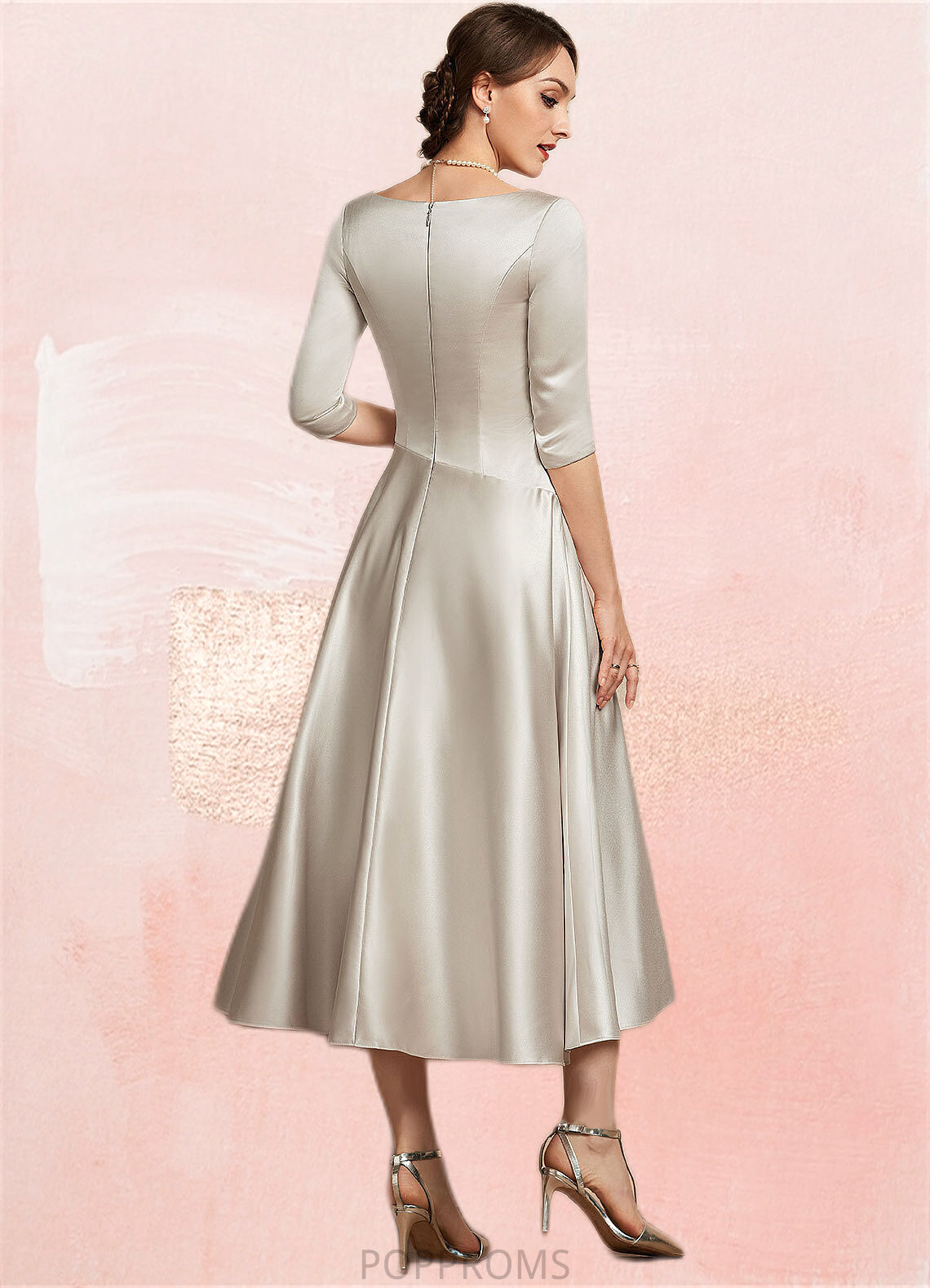 Zara A-Line V-neck Tea-Length Satin Mother of the Bride Dress With Ruffle PP6126P0014598