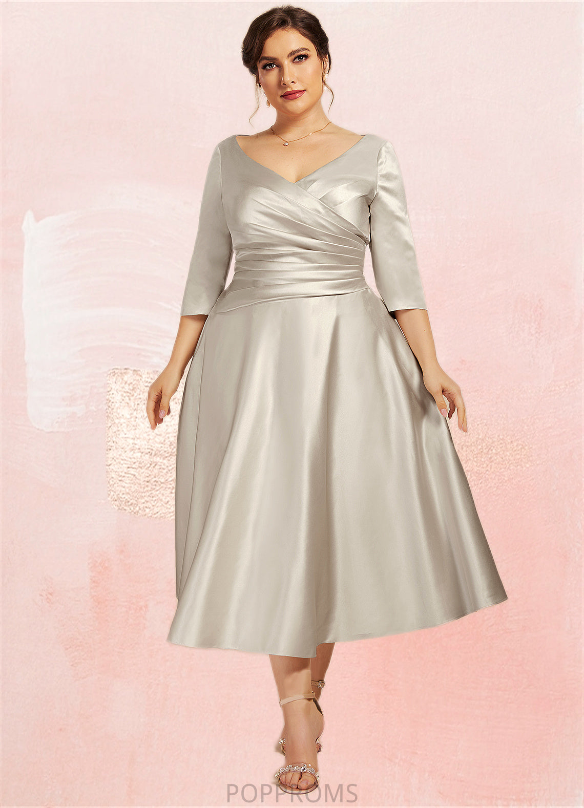 Zara A-Line V-neck Tea-Length Satin Mother of the Bride Dress With Ruffle PP6126P0014598