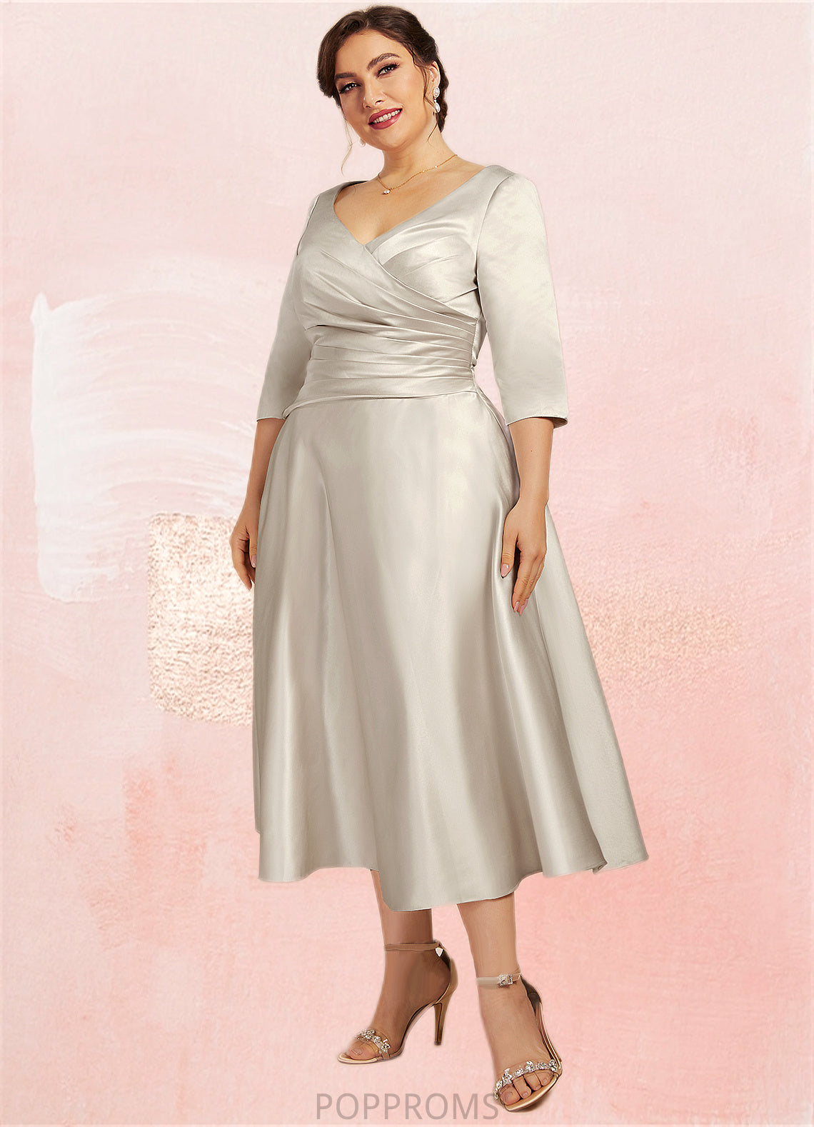 Zara A-Line V-neck Tea-Length Satin Mother of the Bride Dress With Ruffle PP6126P0014598