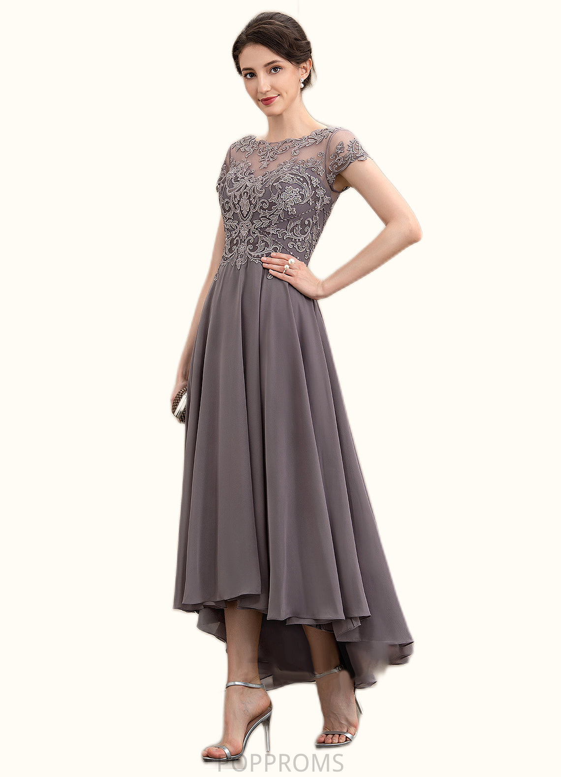 Jade A-Line Scoop Neck Asymmetrical Chiffon Lace Mother of the Bride Dress With Beading Sequins PP6126P0014599