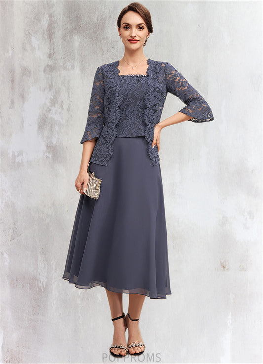 Jazlyn A-Line Square Neckline Tea-Length Chiffon Lace Mother of the Bride Dress With Beading PP6126P0014601