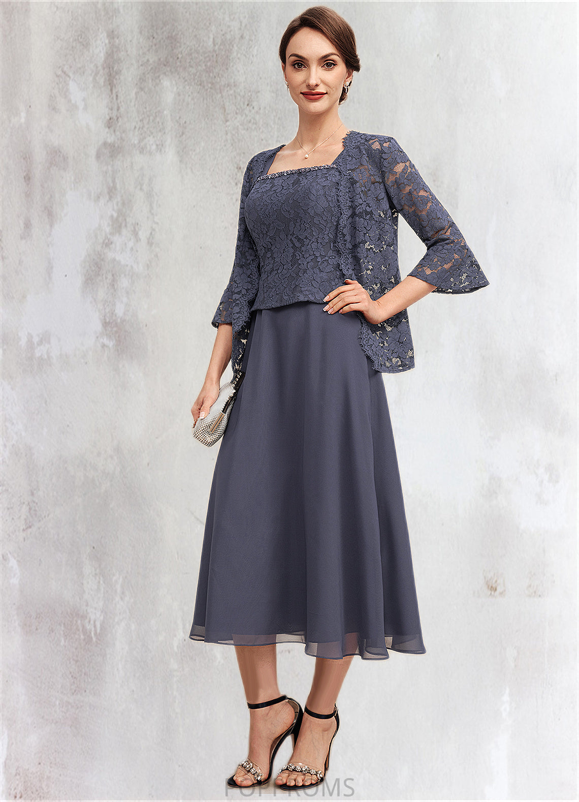 Jazlyn A-Line Square Neckline Tea-Length Chiffon Lace Mother of the Bride Dress With Beading PP6126P0014601