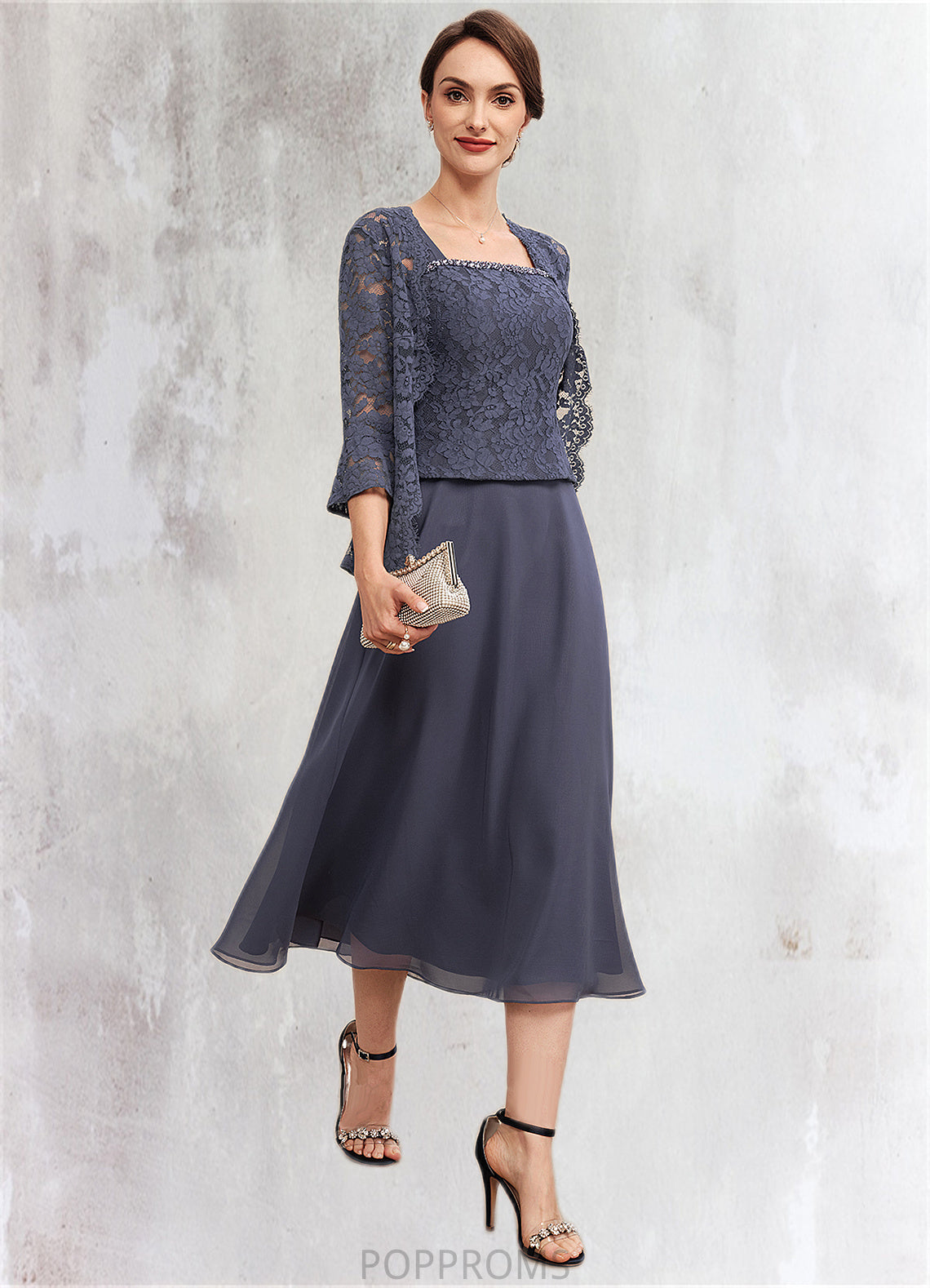 Jazlyn A-Line Square Neckline Tea-Length Chiffon Lace Mother of the Bride Dress With Beading PP6126P0014601