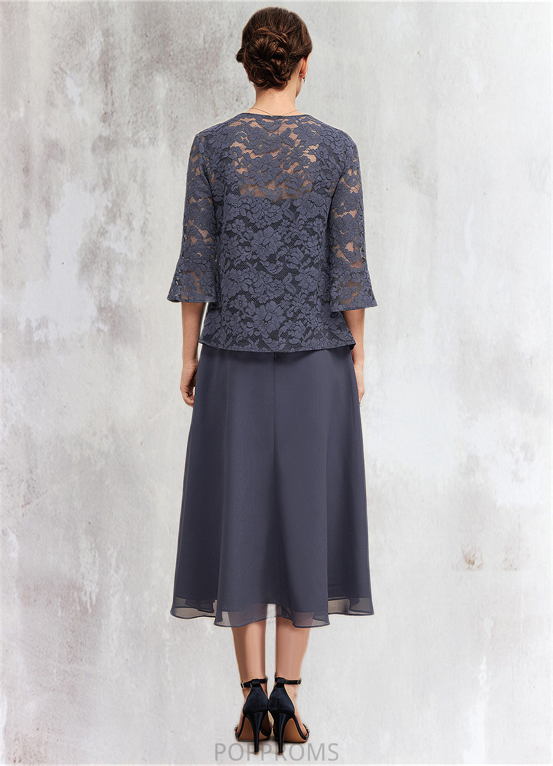 Jazlyn A-Line Square Neckline Tea-Length Chiffon Lace Mother of the Bride Dress With Beading PP6126P0014601