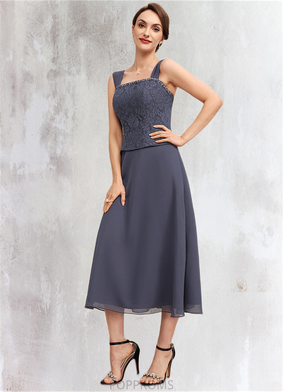 Jazlyn A-Line Square Neckline Tea-Length Chiffon Lace Mother of the Bride Dress With Beading PP6126P0014601