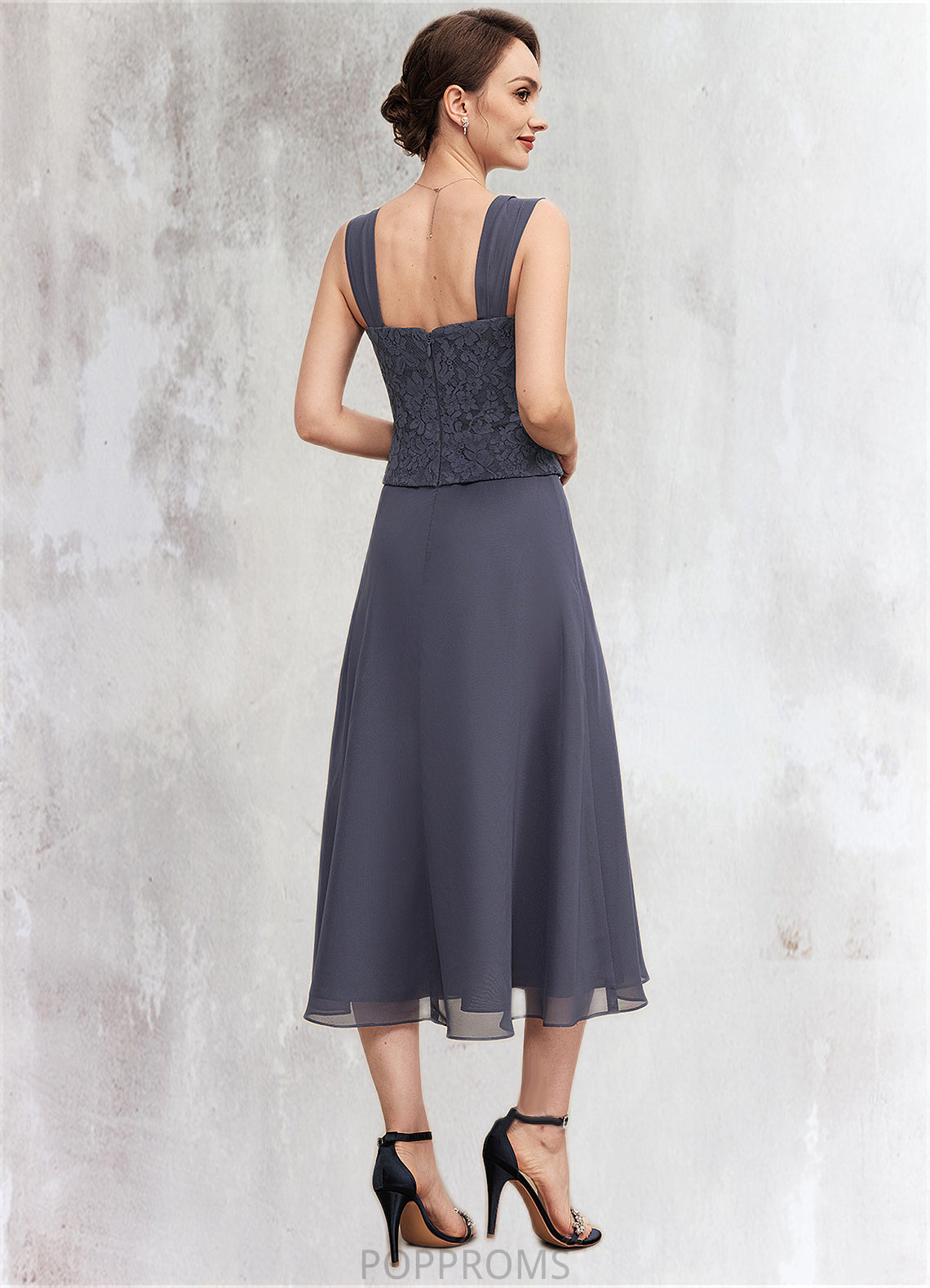 Jazlyn A-Line Square Neckline Tea-Length Chiffon Lace Mother of the Bride Dress With Beading PP6126P0014601