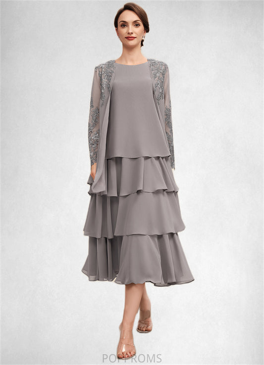 Emerson A-Line Scoop Neck Tea-Length Chiffon Mother of the Bride Dress With Cascading Ruffles PP6126P0014603