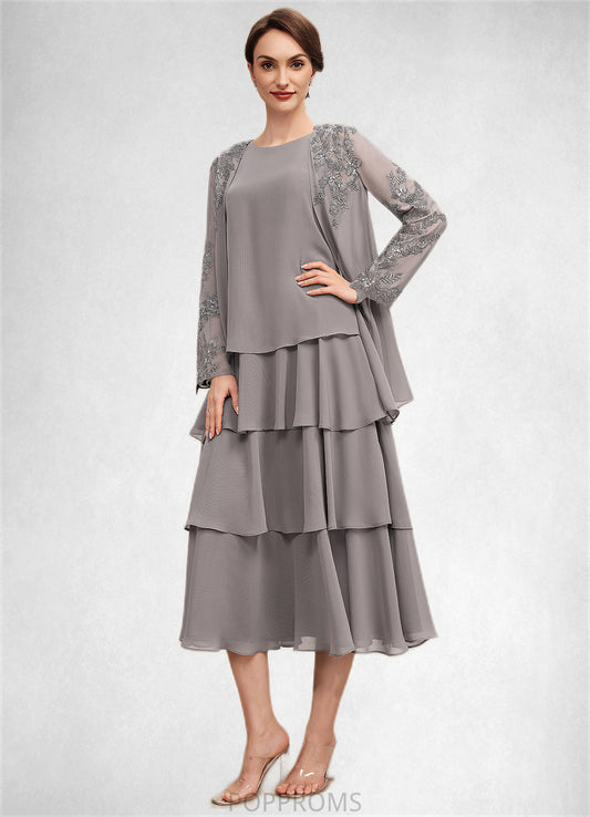 Emerson A-Line Scoop Neck Tea-Length Chiffon Mother of the Bride Dress With Cascading Ruffles PP6126P0014603