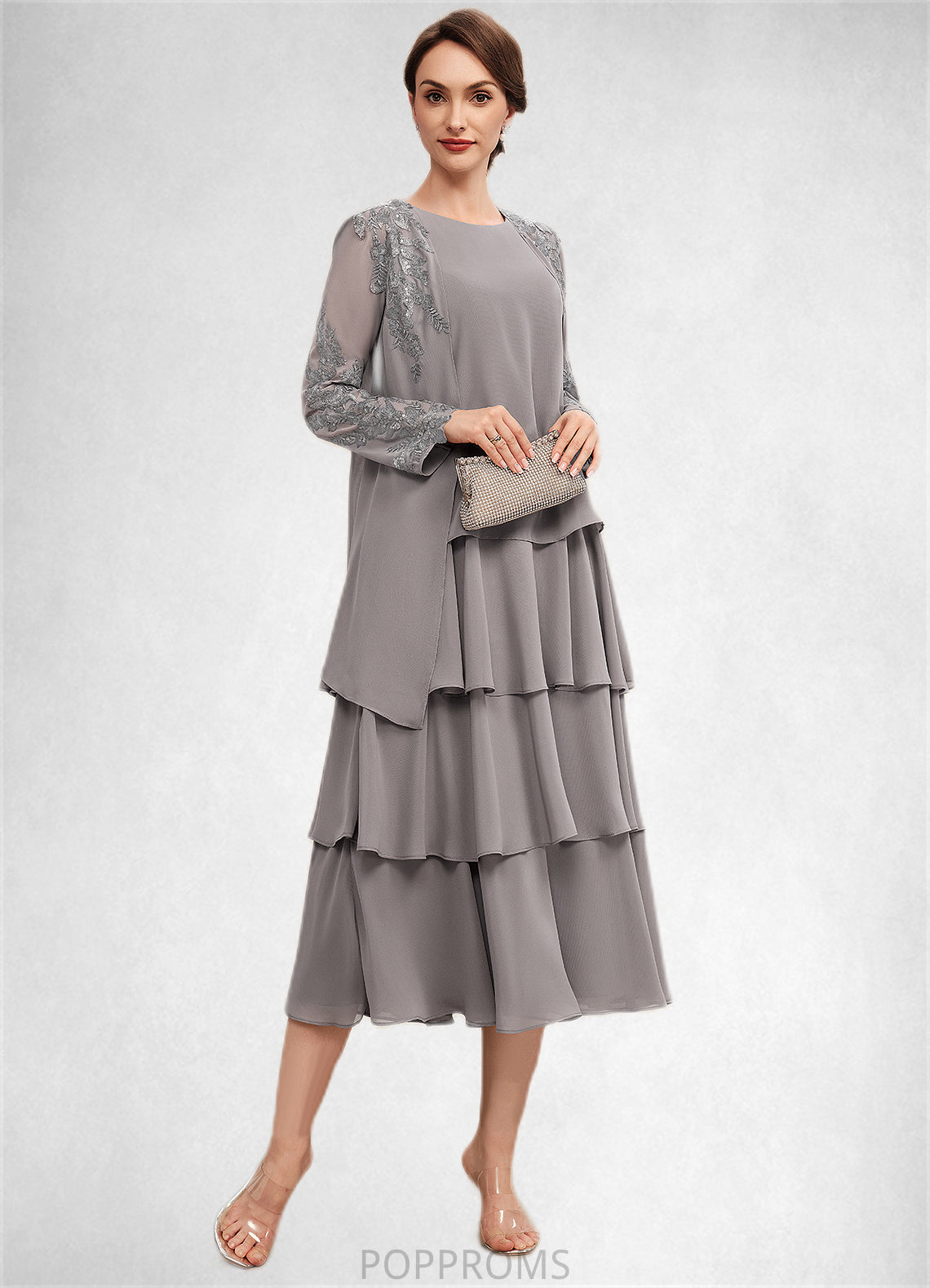 Emerson A-Line Scoop Neck Tea-Length Chiffon Mother of the Bride Dress With Cascading Ruffles PP6126P0014603