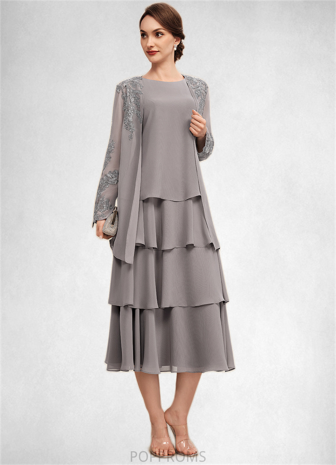 Emerson A-Line Scoop Neck Tea-Length Chiffon Mother of the Bride Dress With Cascading Ruffles PP6126P0014603