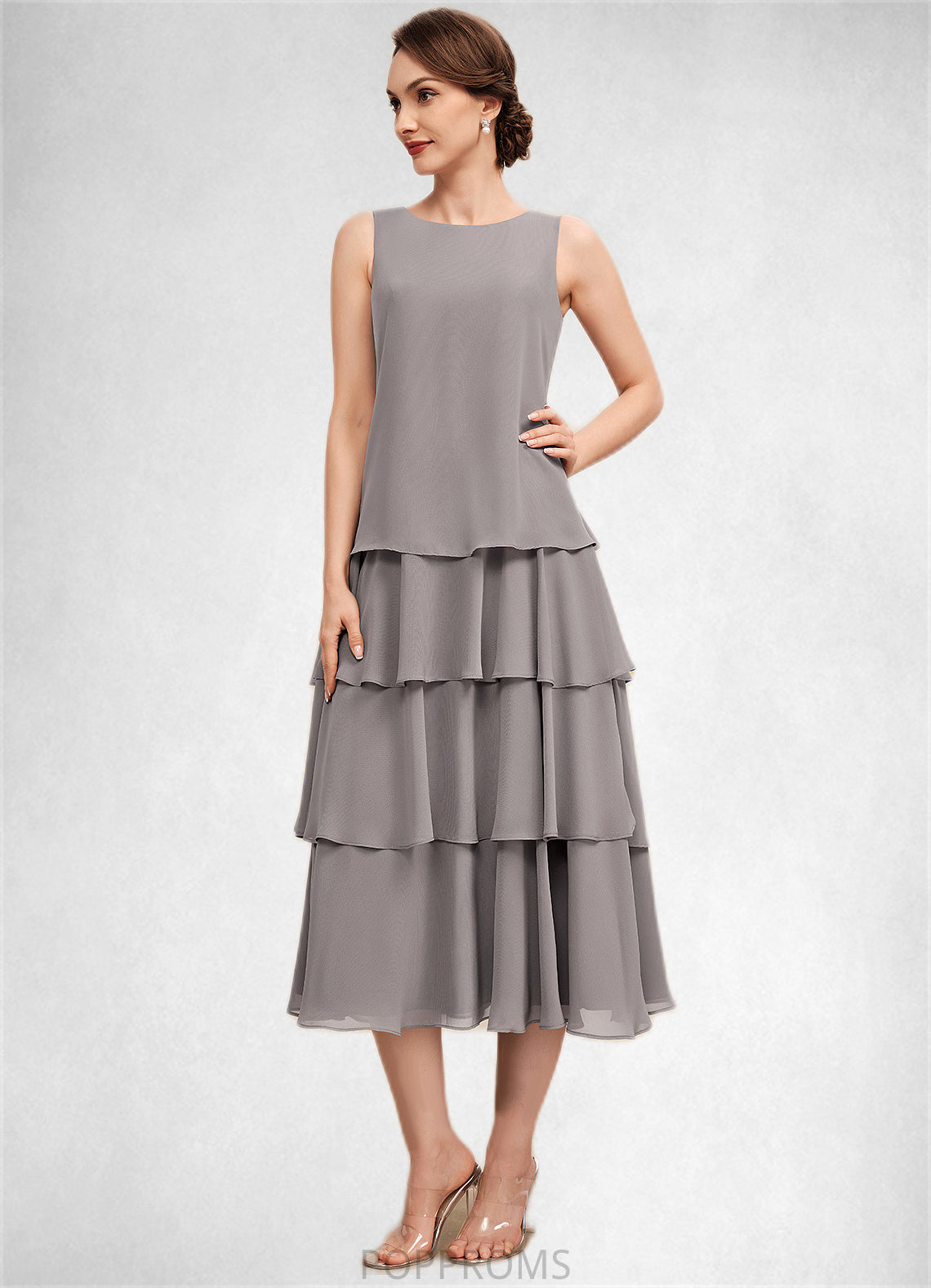 Emerson A-Line Scoop Neck Tea-Length Chiffon Mother of the Bride Dress With Cascading Ruffles PP6126P0014603