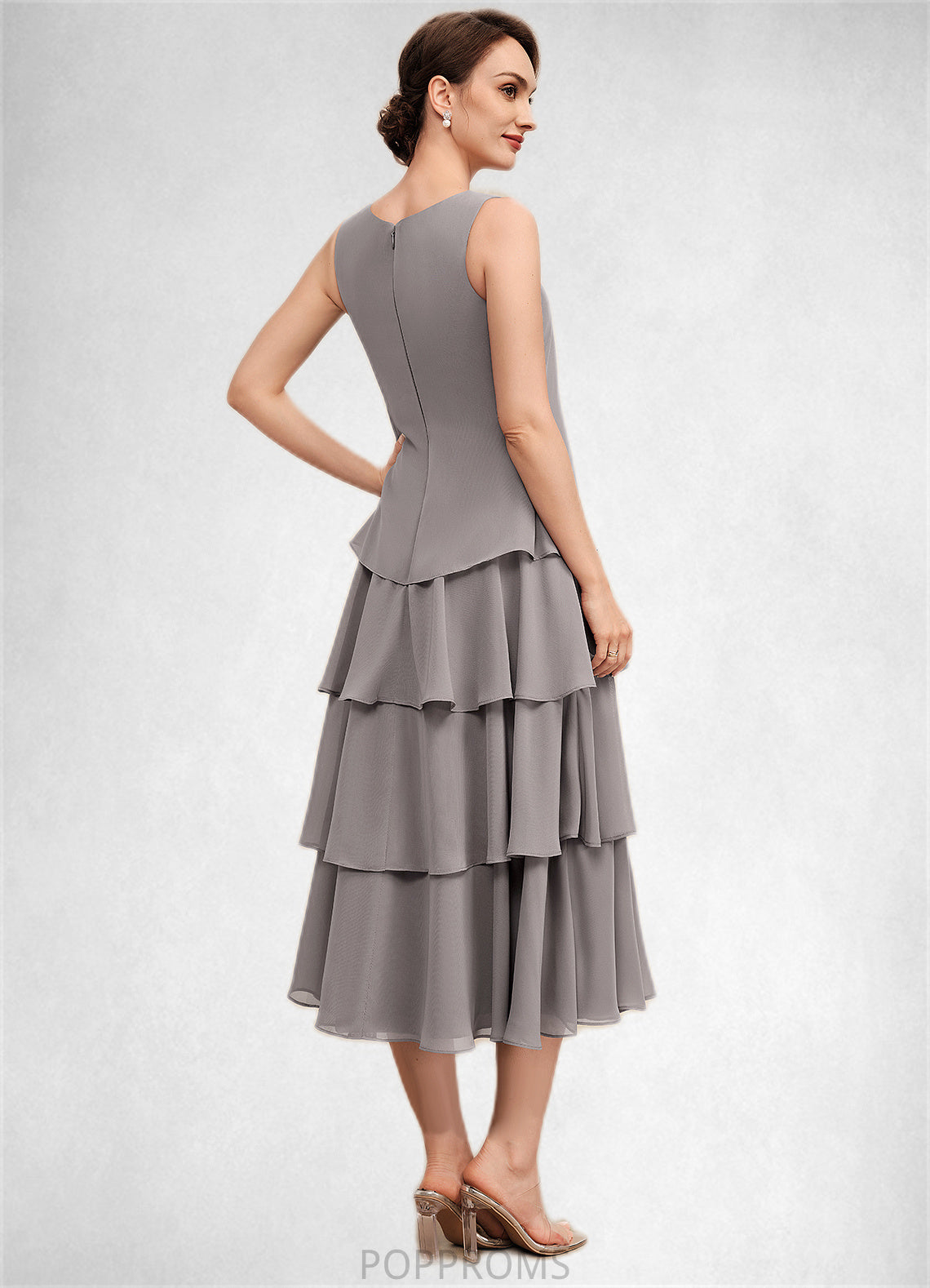 Emerson A-Line Scoop Neck Tea-Length Chiffon Mother of the Bride Dress With Cascading Ruffles PP6126P0014603