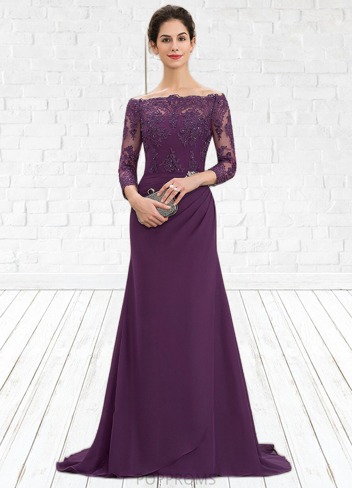 Patti Trumpet/Mermaid Off-the-Shoulder Sweep Train Chiffon Lace Mother of the Bride Dress With Beading Sequins PP6126P0014604