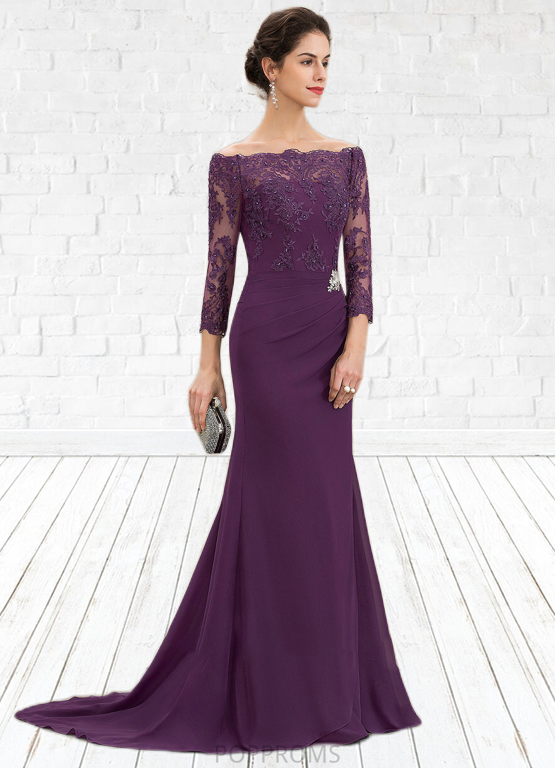 Patti Trumpet/Mermaid Off-the-Shoulder Sweep Train Chiffon Lace Mother of the Bride Dress With Beading Sequins PP6126P0014604