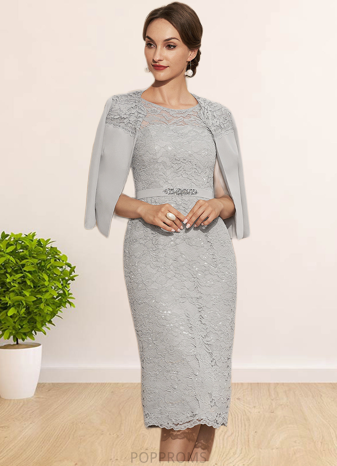 Margaret Sheath/Column Scoop Neck Knee-Length Chiffon Lace Mother of the Bride Dress With Beading PP6126P0014605