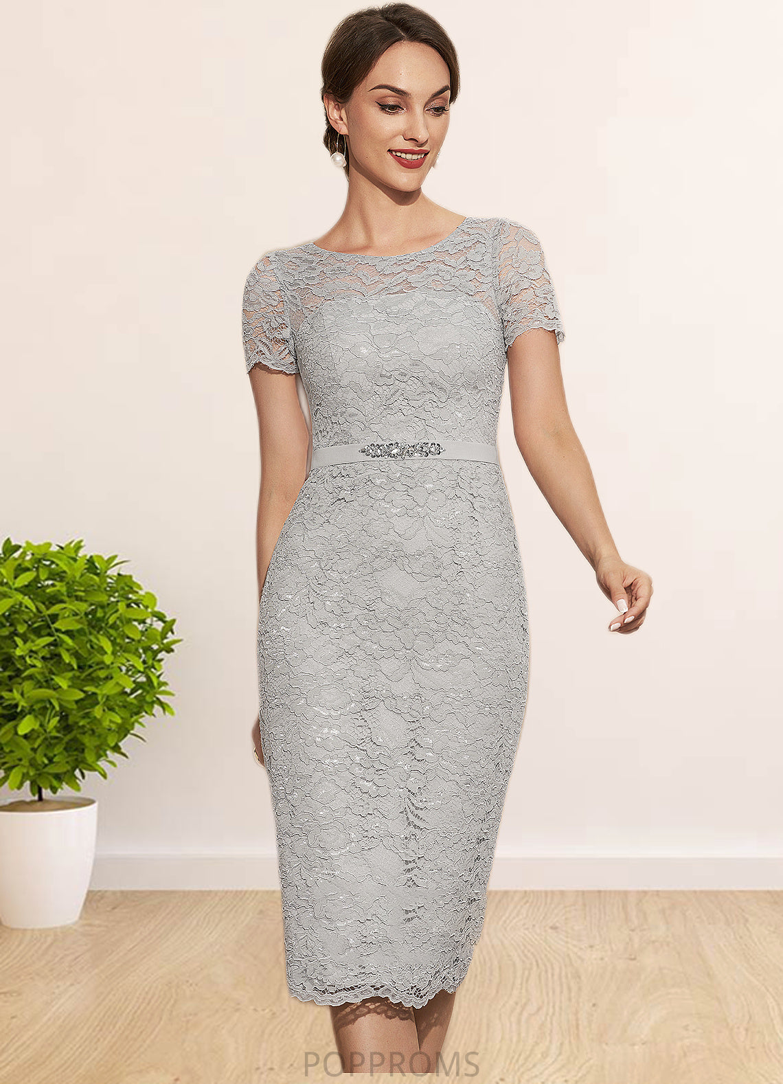 Margaret Sheath/Column Scoop Neck Knee-Length Chiffon Lace Mother of the Bride Dress With Beading PP6126P0014605