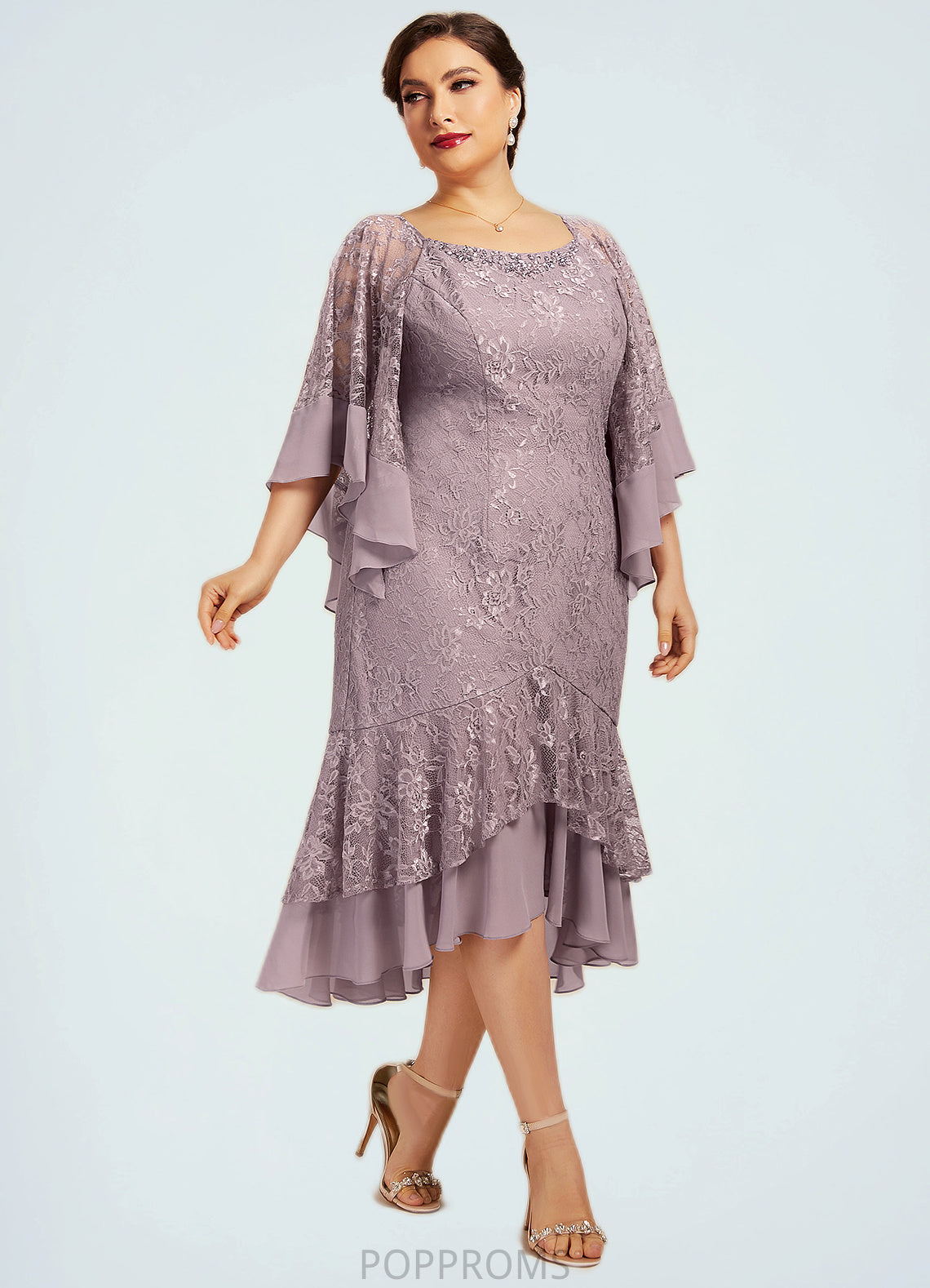 Audrey Trumpet/Mermaid Scoop Neck Asymmetrical Chiffon Lace Mother of the Bride Dress With Beading Sequins PP6126P0014606