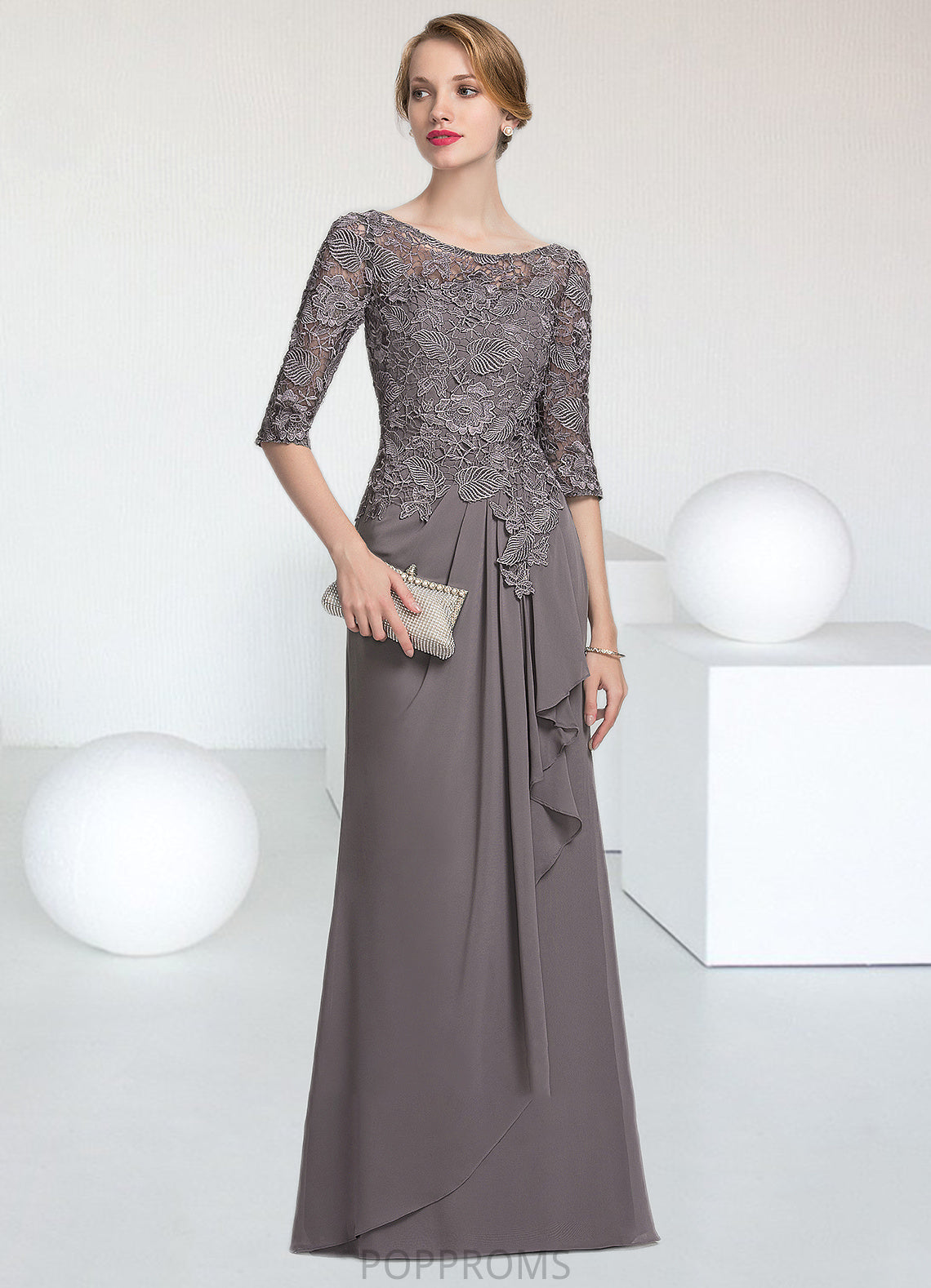 Heidi A-Line Scoop Neck Floor-Length Chiffon Lace Mother of the Bride Dress With Cascading Ruffles PP6126P0014608