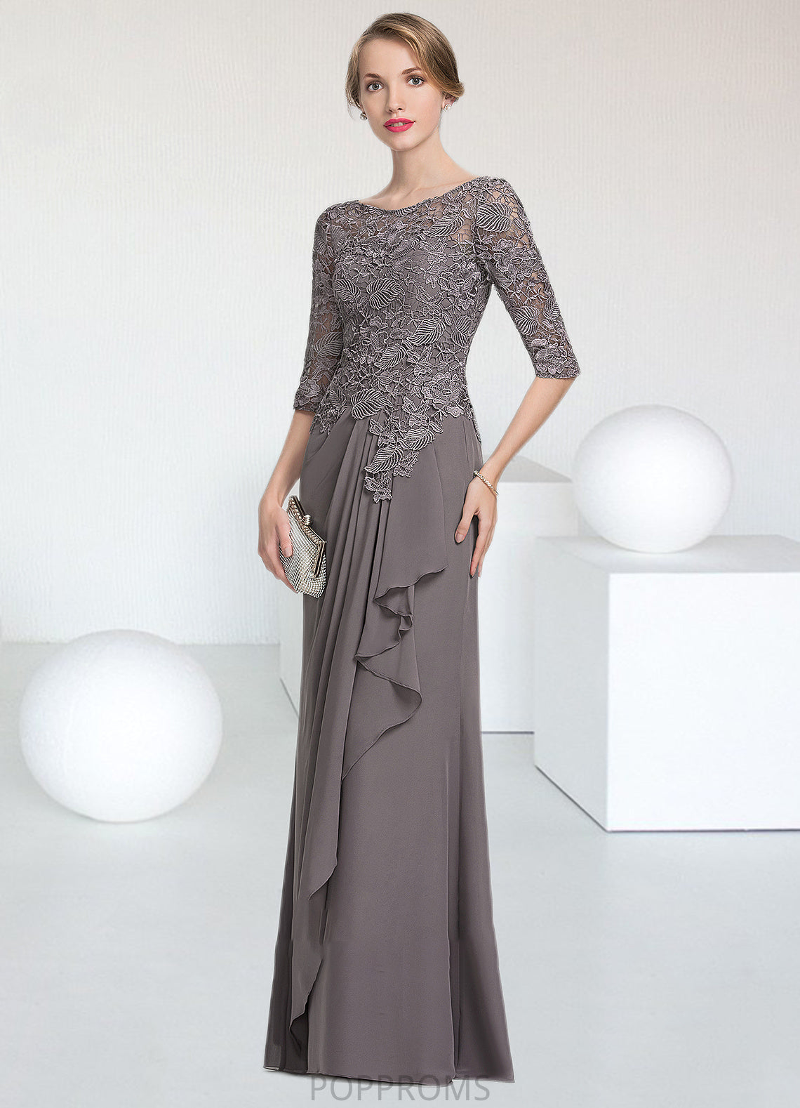 Heidi A-Line Scoop Neck Floor-Length Chiffon Lace Mother of the Bride Dress With Cascading Ruffles PP6126P0014608