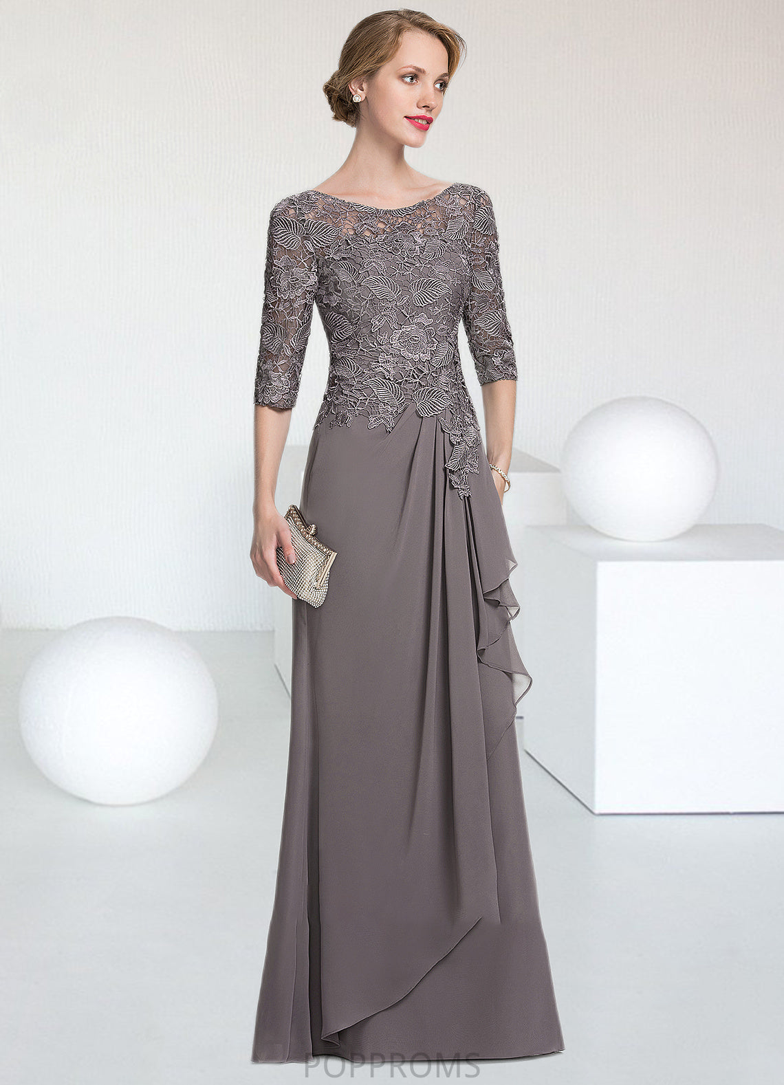 Heidi A-Line Scoop Neck Floor-Length Chiffon Lace Mother of the Bride Dress With Cascading Ruffles PP6126P0014608