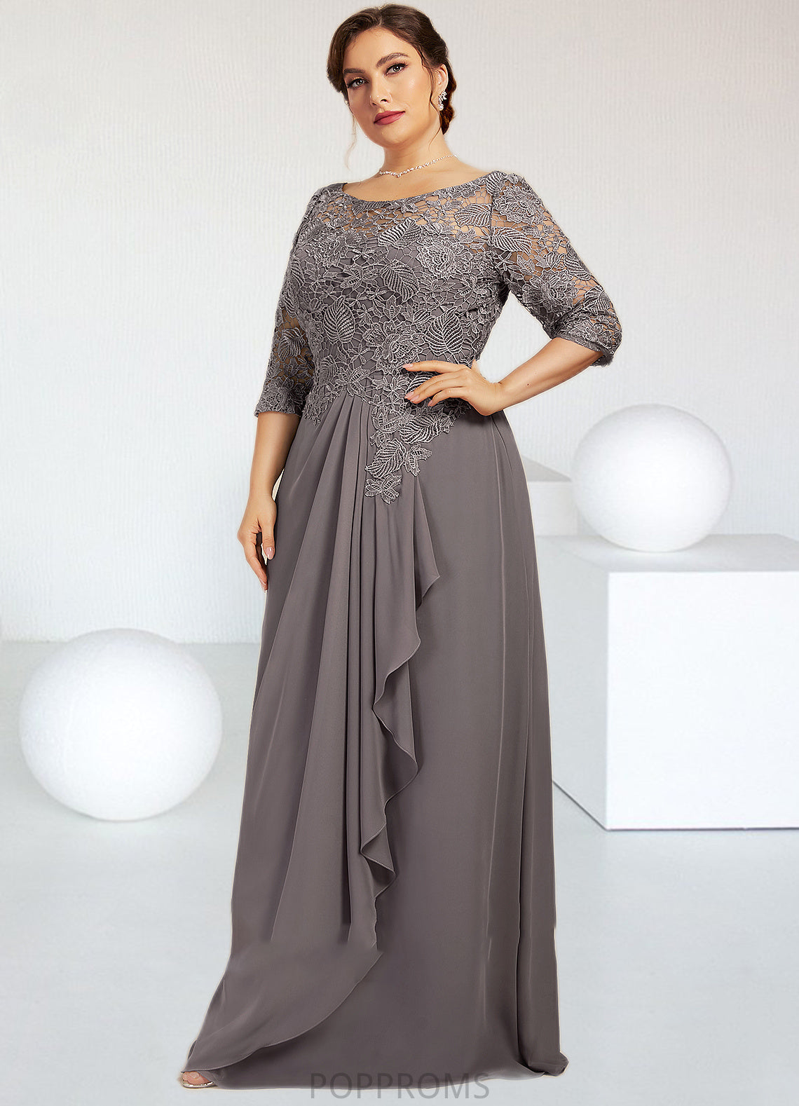 Heidi A-Line Scoop Neck Floor-Length Chiffon Lace Mother of the Bride Dress With Cascading Ruffles PP6126P0014608