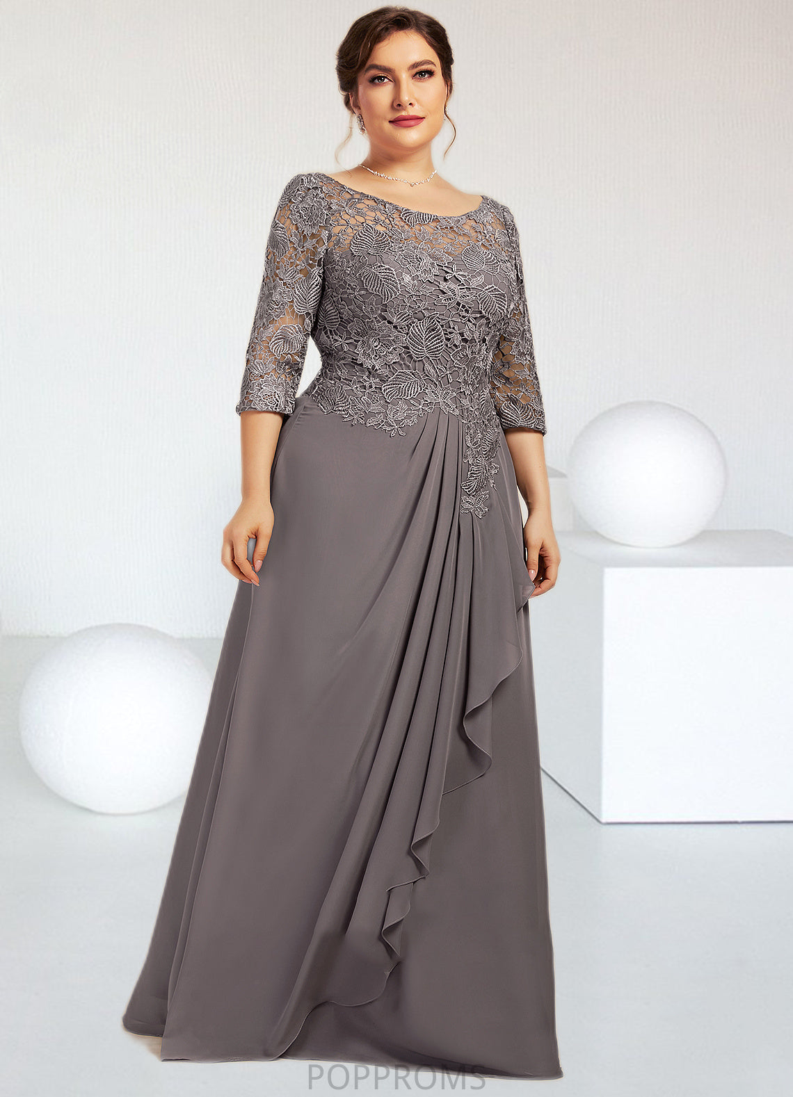 Heidi A-Line Scoop Neck Floor-Length Chiffon Lace Mother of the Bride Dress With Cascading Ruffles PP6126P0014608