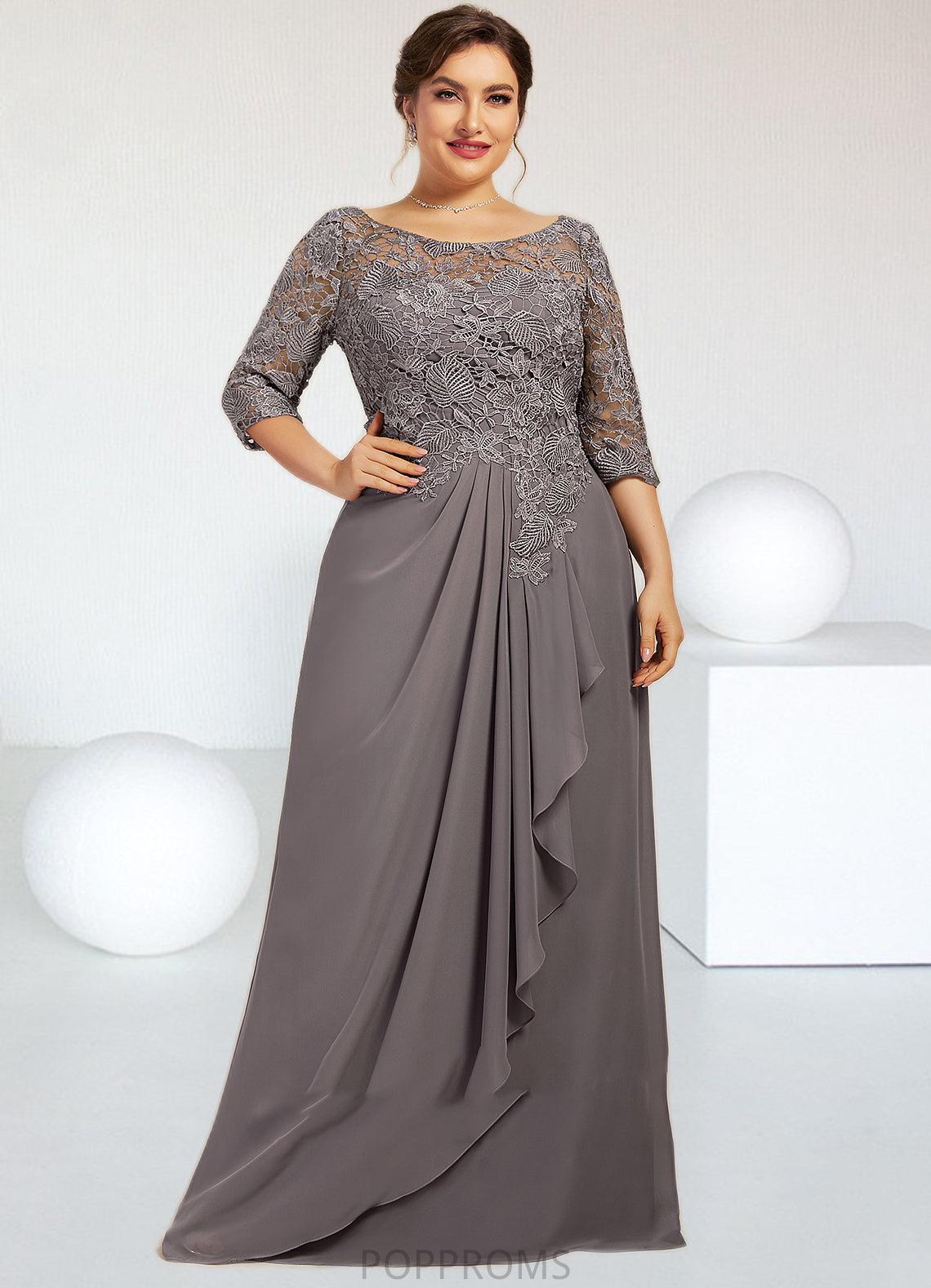 Heidi A-Line Scoop Neck Floor-Length Chiffon Lace Mother of the Bride Dress With Cascading Ruffles PP6126P0014608