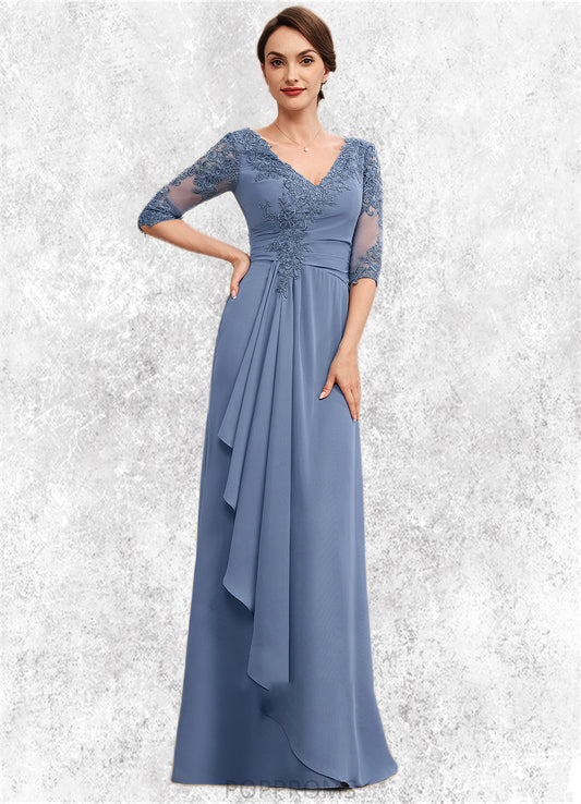 Prudence A-Line V-neck Floor-Length Chiffon Lace Mother of the Bride Dress With Cascading Ruffles PP6126P0014609