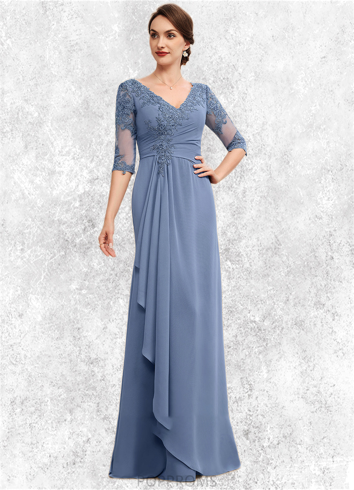 Prudence A-Line V-neck Floor-Length Chiffon Lace Mother of the Bride Dress With Cascading Ruffles PP6126P0014609