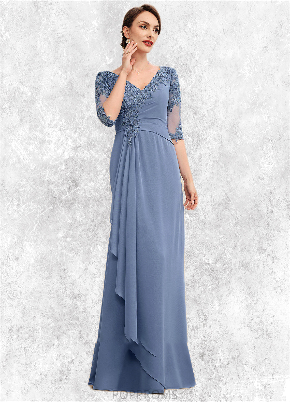 Prudence A-Line V-neck Floor-Length Chiffon Lace Mother of the Bride Dress With Cascading Ruffles PP6126P0014609