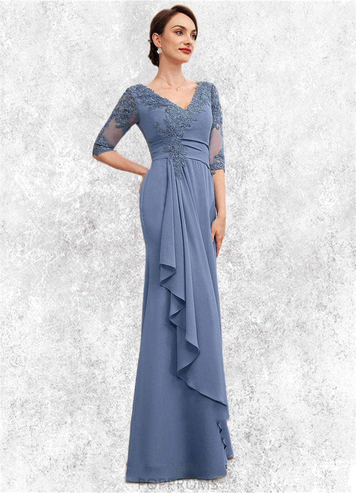 Prudence A-Line V-neck Floor-Length Chiffon Lace Mother of the Bride Dress With Cascading Ruffles PP6126P0014609