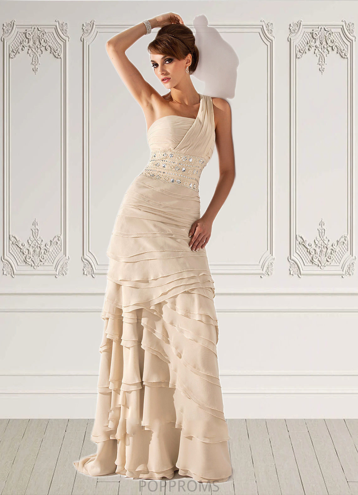 Elva A-Line One-Shoulder Sweep Train Chiffon Mother of the Bride Dress With Beading Cascading Ruffles PP6126P0014610