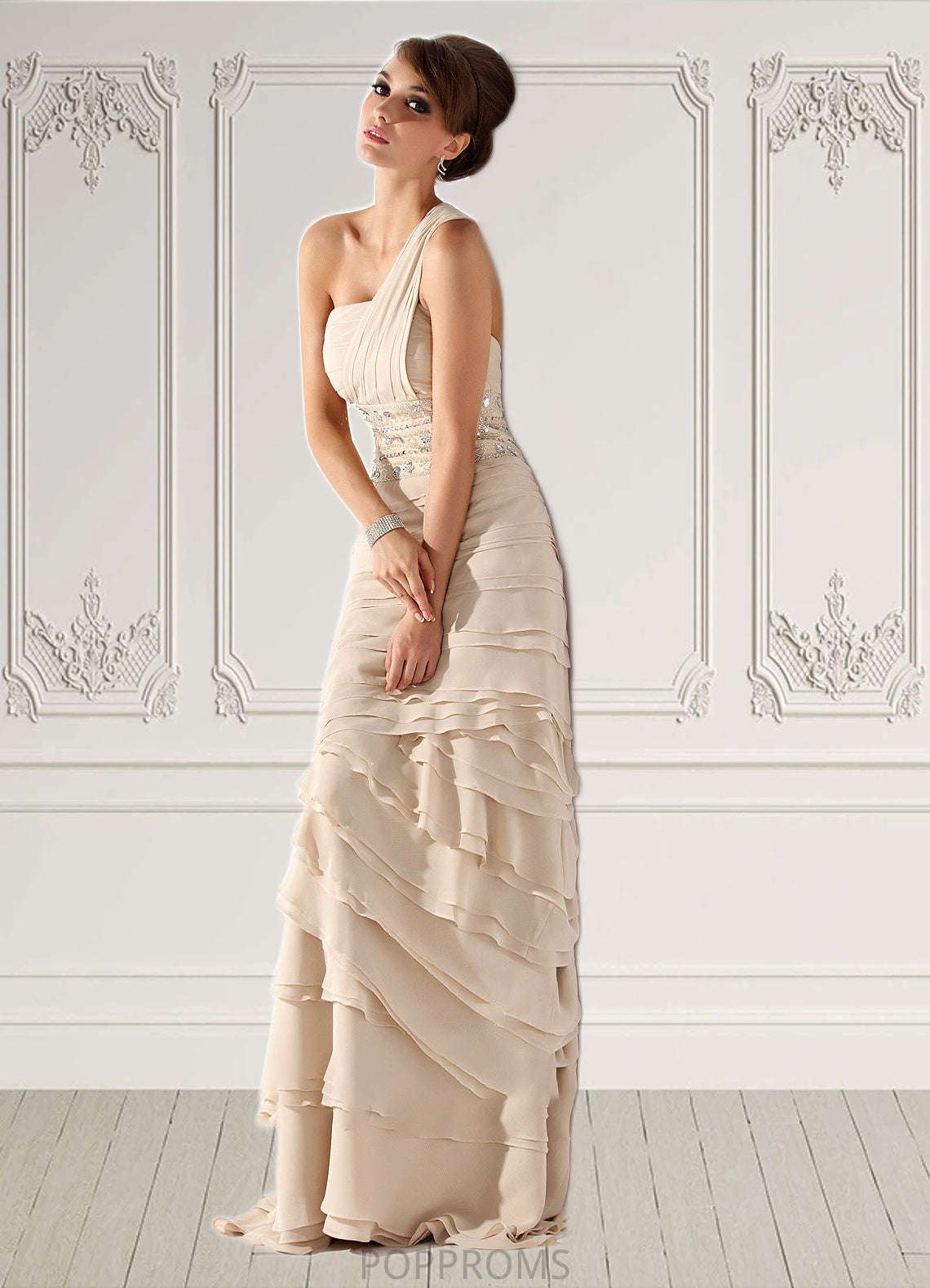 Elva A-Line One-Shoulder Sweep Train Chiffon Mother of the Bride Dress With Beading Cascading Ruffles PP6126P0014610