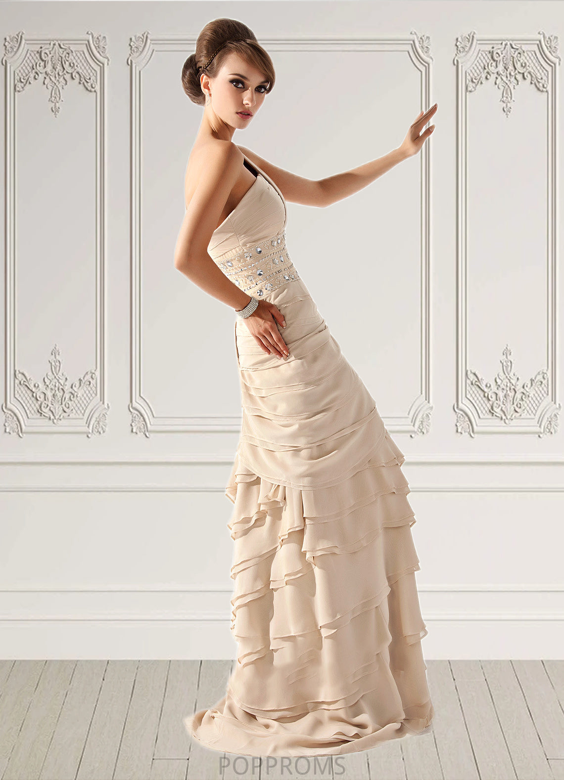 Elva A-Line One-Shoulder Sweep Train Chiffon Mother of the Bride Dress With Beading Cascading Ruffles PP6126P0014610