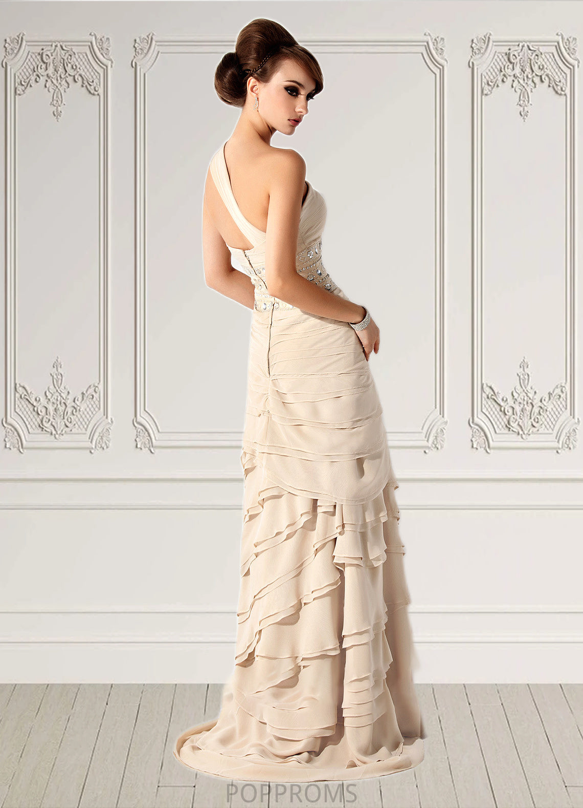 Elva A-Line One-Shoulder Sweep Train Chiffon Mother of the Bride Dress With Beading Cascading Ruffles PP6126P0014610