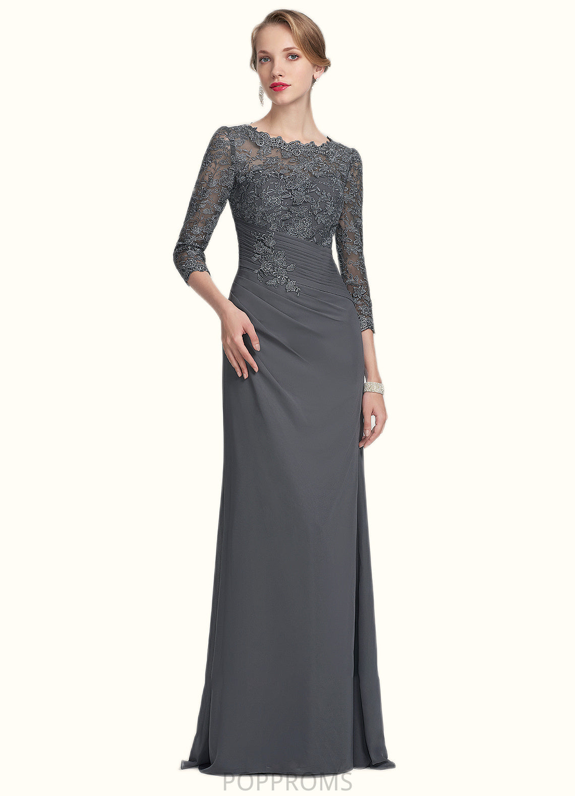 Dalia Sheath/Column Scoop Neck Floor-Length Chiffon Lace Mother of the Bride Dress With Ruffle PP6126P0014611