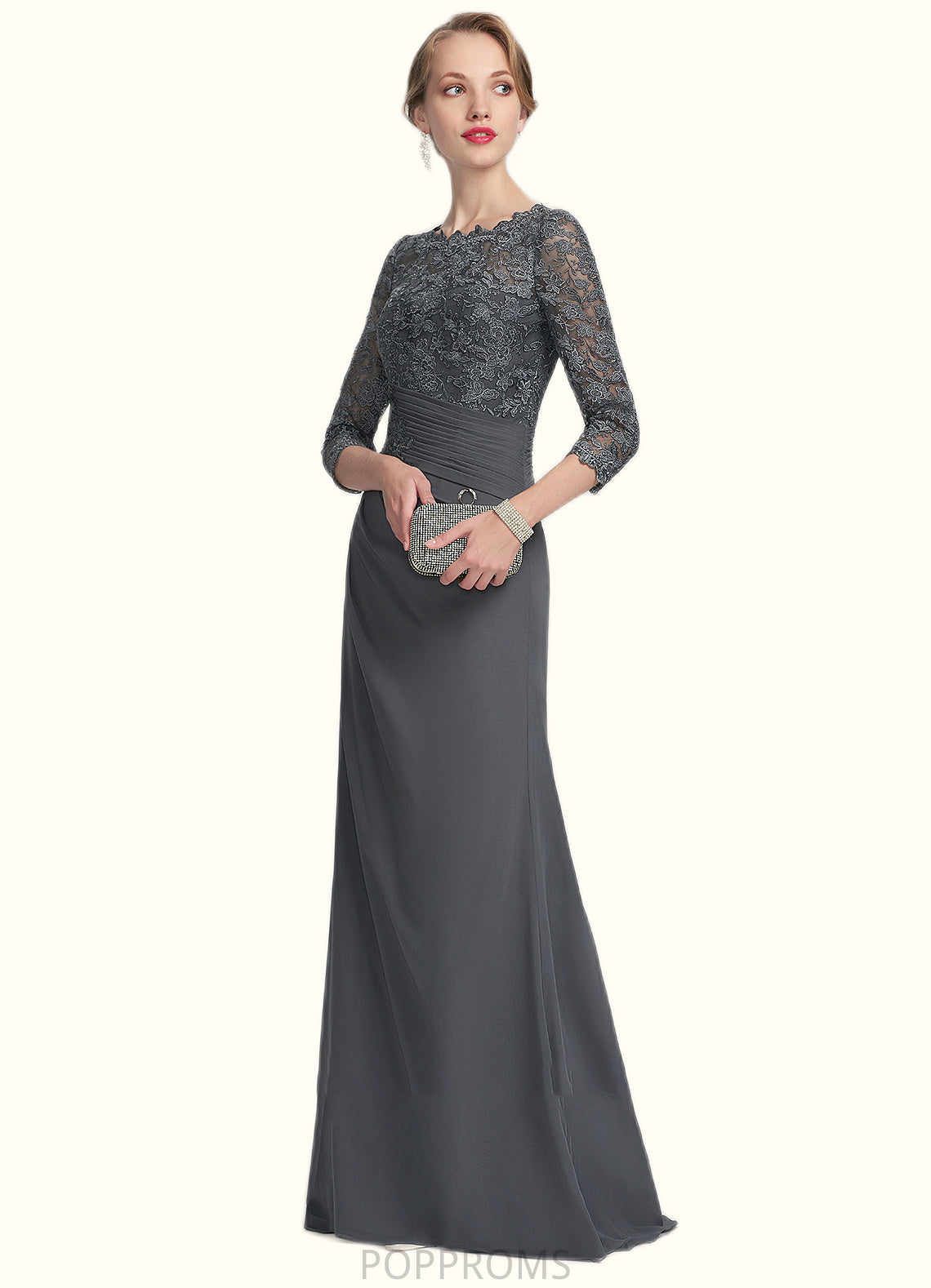 Dalia Sheath/Column Scoop Neck Floor-Length Chiffon Lace Mother of the Bride Dress With Ruffle PP6126P0014611