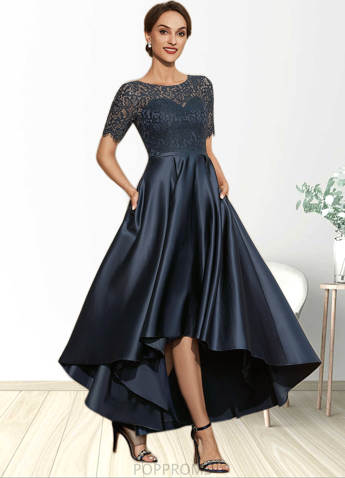 America A-Line Scoop Neck Asymmetrical Satin Lace Mother of the Bride Dress With Pockets PP6126P0014613