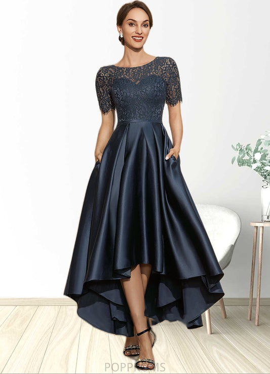 America A-Line Scoop Neck Asymmetrical Satin Lace Mother of the Bride Dress With Pockets PP6126P0014613