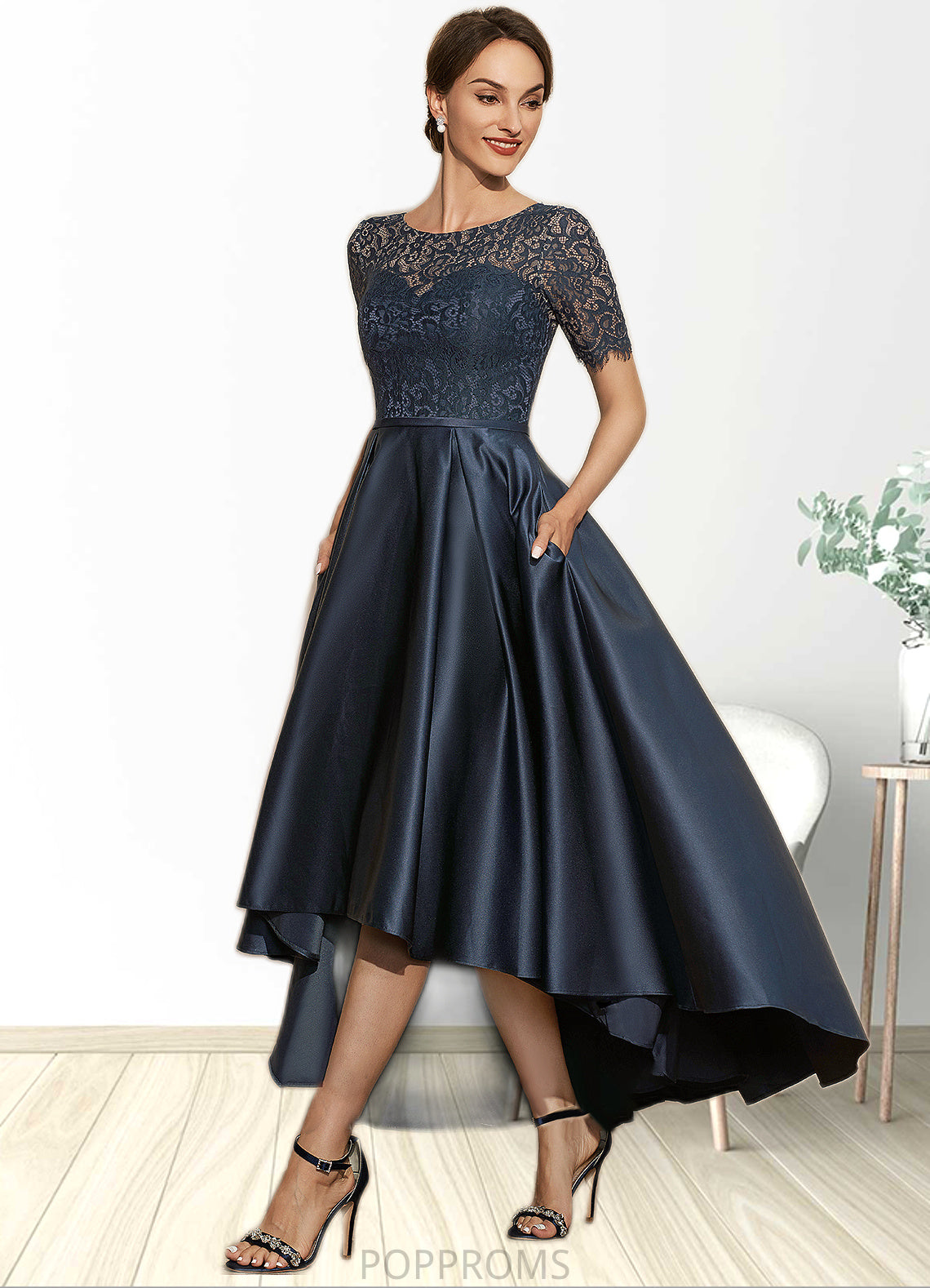 America A-Line Scoop Neck Asymmetrical Satin Lace Mother of the Bride Dress With Pockets PP6126P0014613