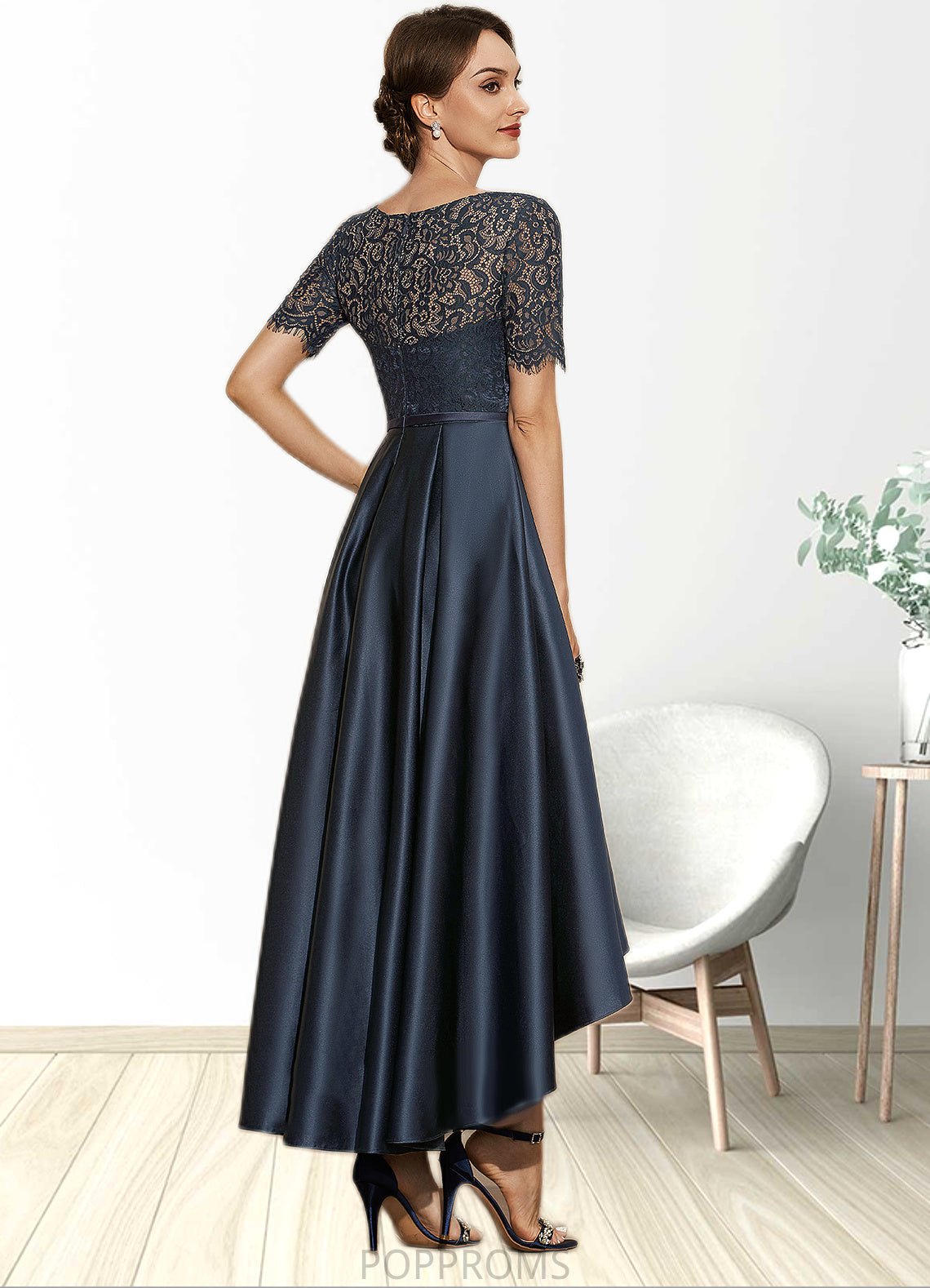 America A-Line Scoop Neck Asymmetrical Satin Lace Mother of the Bride Dress With Pockets PP6126P0014613