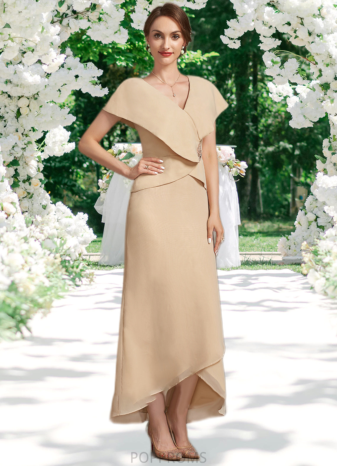 Emilia A-line V-Neck Asymmetrical Chiffon Mother of the Bride Dress With Beading Sequins PP6126P0014615