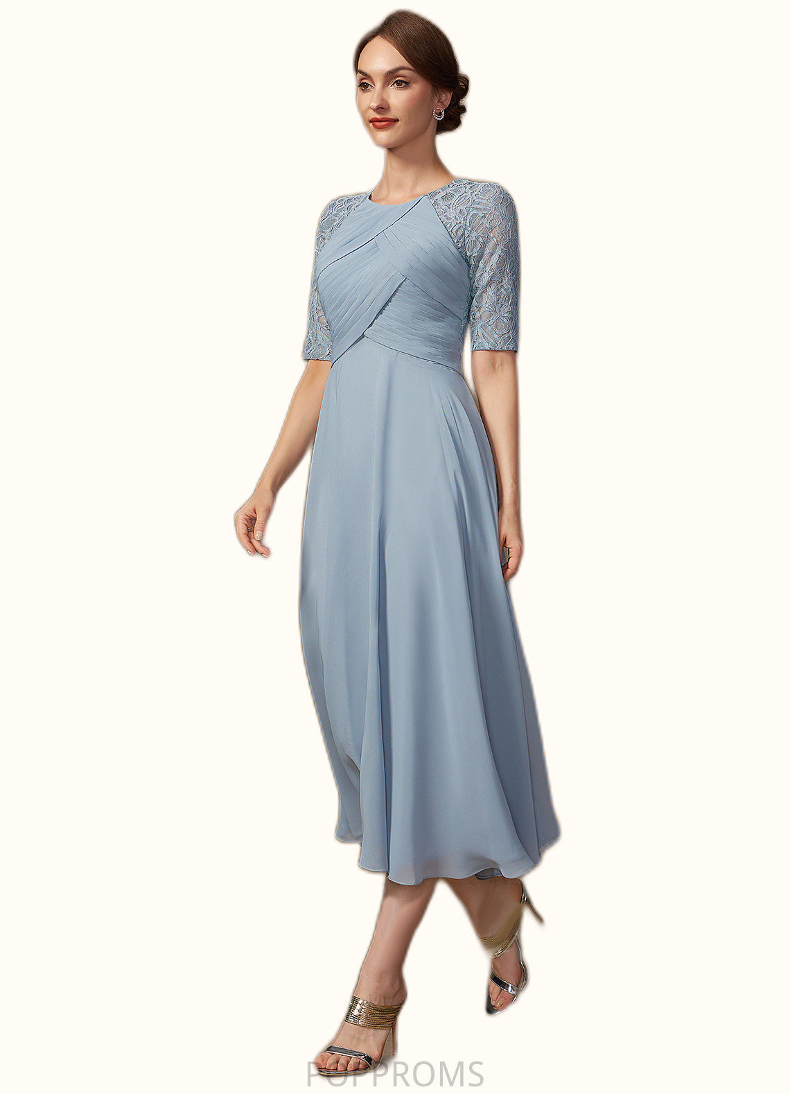 Shyla A-Line Scoop Neck Tea-Length Chiffon Lace Mother of the Bride Dress With Ruffle PP6126P0014616